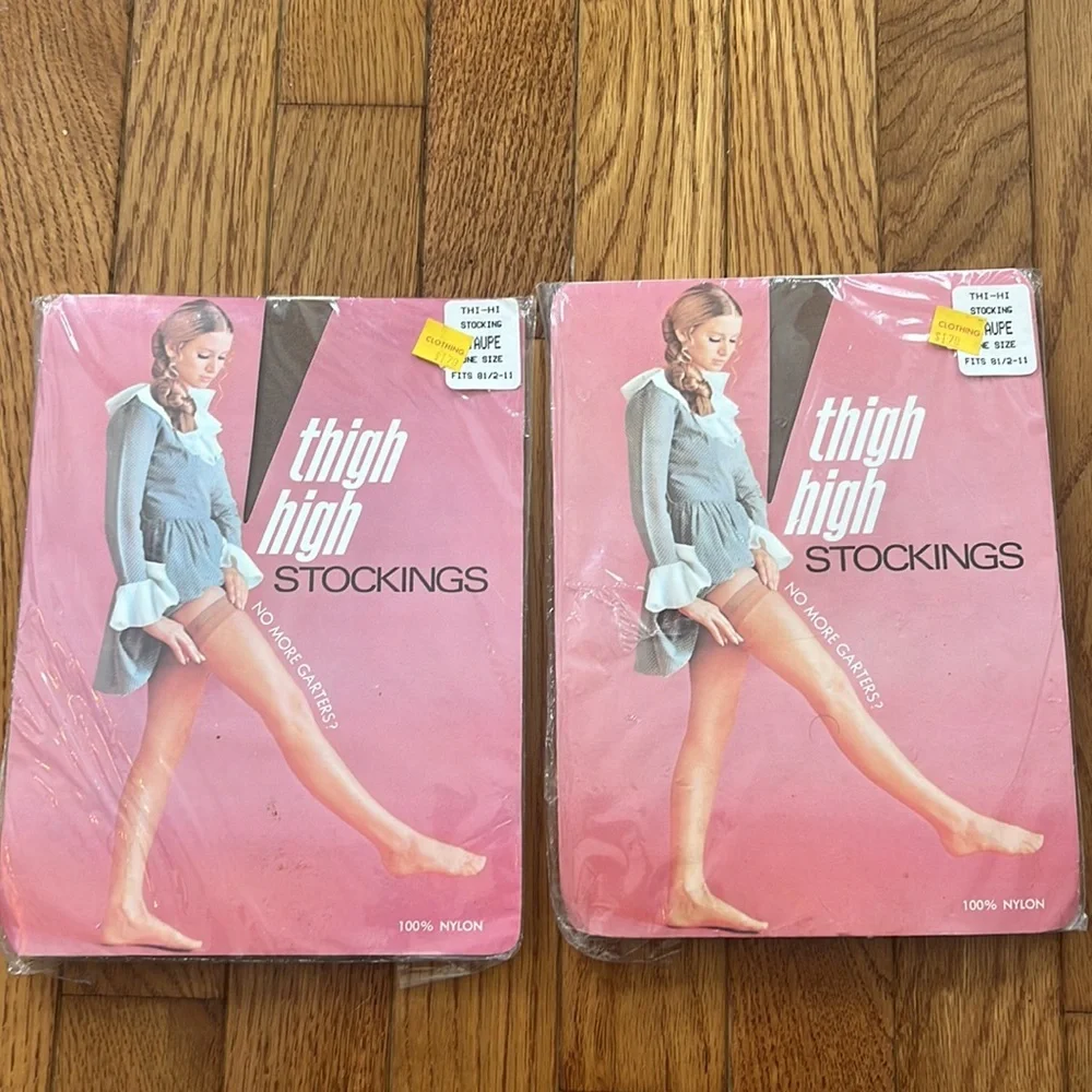 Vintage Deadstock‎ Thigh High Stockings Taupe OS 8.5-11 Thi-Hi 1960s Nylon USA